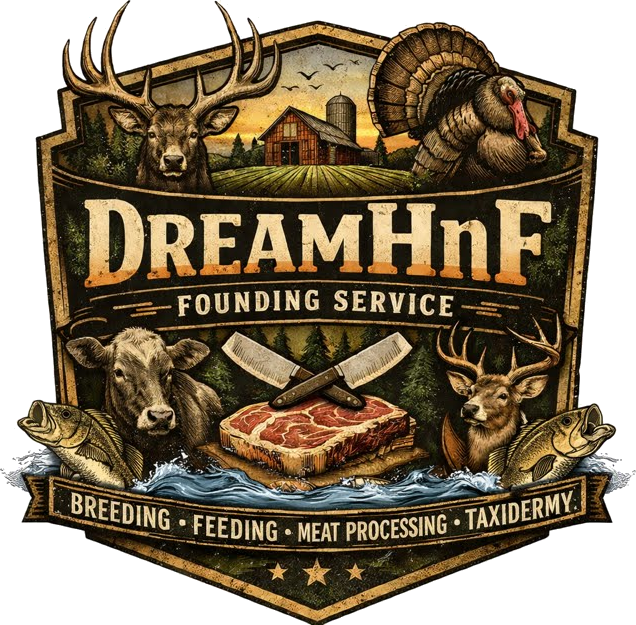 DreamHnF Founding Service milestone badge — a bronze and gold crest with whitetail deer, turkey, farmstead and the words Breeding, Feeding, Meat Processing, Taxidermy