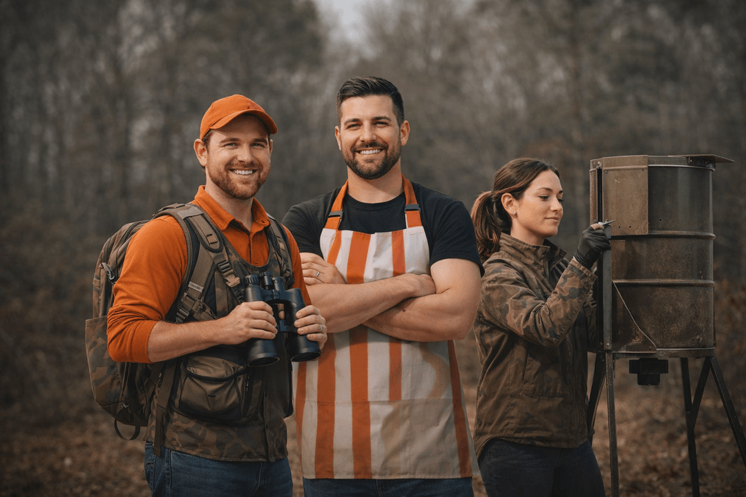 Three outdoor professionals standing together in a field