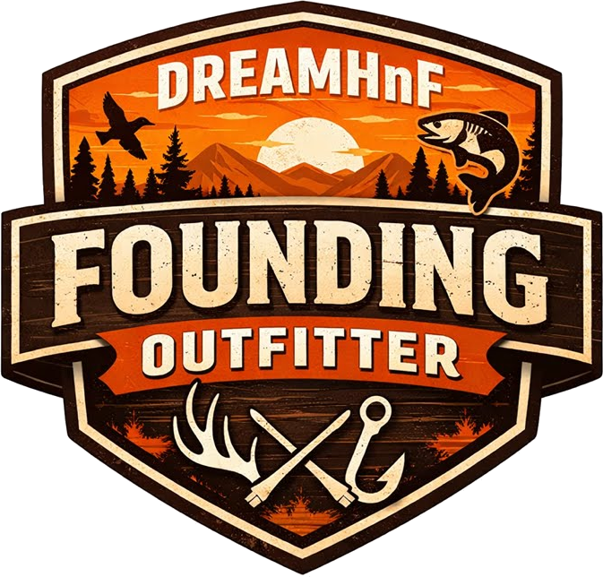 DreamHnF Founding Outfitter milestone badge — a bronze and gold crest with a mountain sunset, leaping fish and crossed antlers