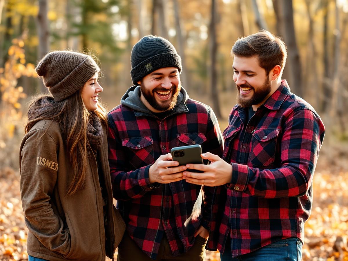 Three outdoor friends looking at a phone in the autumn woods